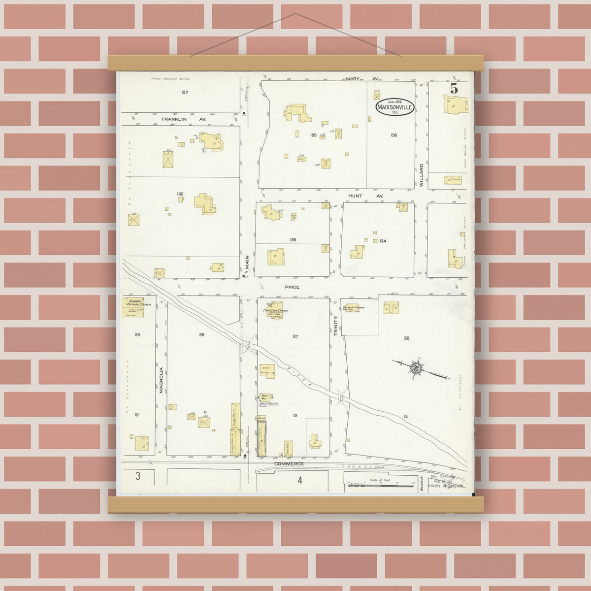 Old map wall art mockup — magnetic wood frame on brick wall — Sanborn Fire Insurance Map from Madisonville, Madison County, Texas (1914), Sheet #0005