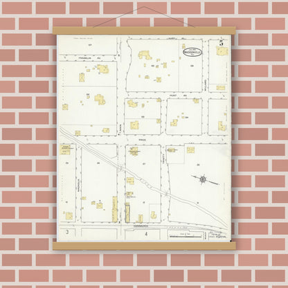 Old map wall art mockup — magnetic wood frame on brick wall — Sanborn Fire Insurance Map from Madisonville, Madison County, Texas (1914), Sheet #0005