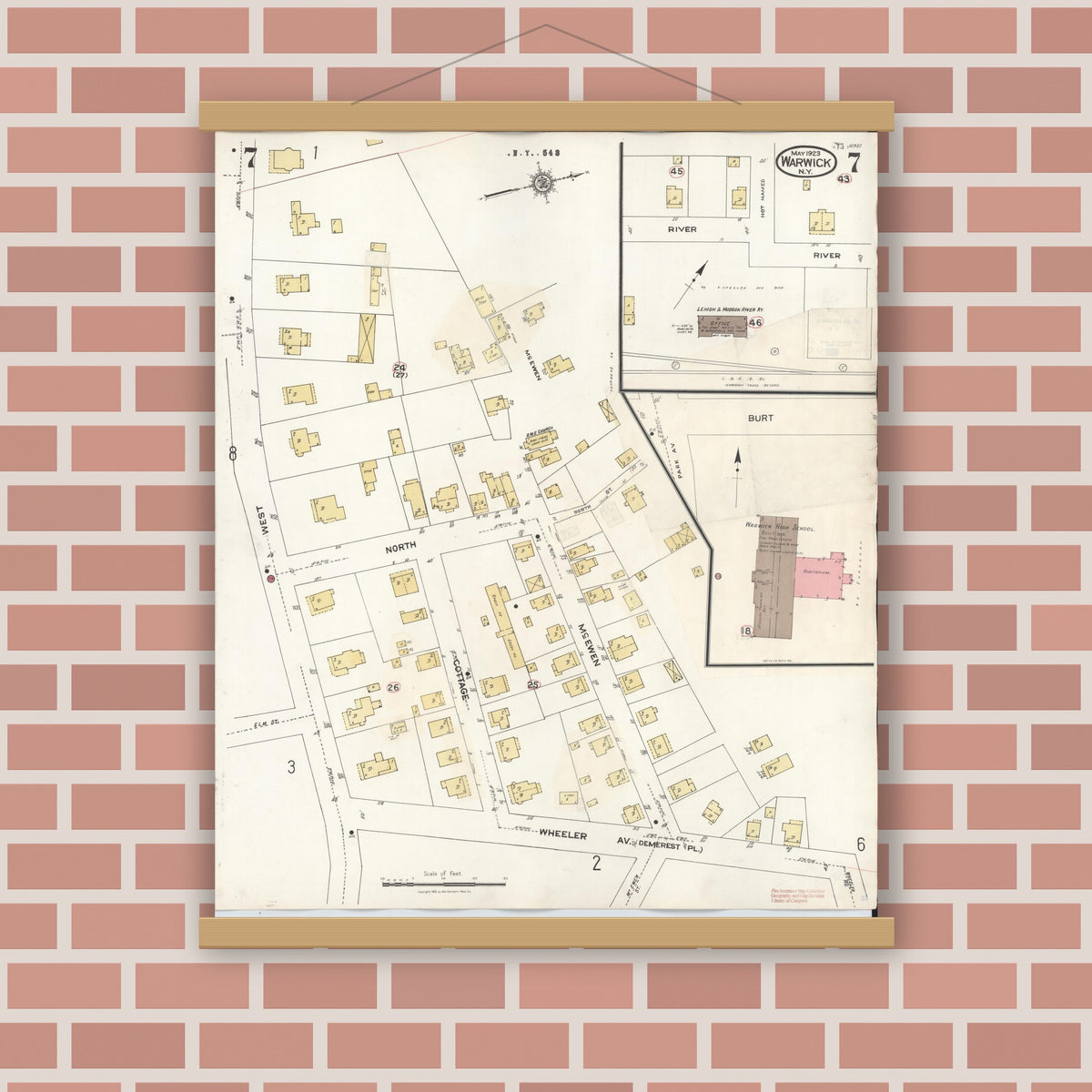 Old map wall art mockup — magnetic wood frame on brick wall — Sanborn Fire Insurance Map from Warwick, Orange County, New York (1940), Sheet #0007