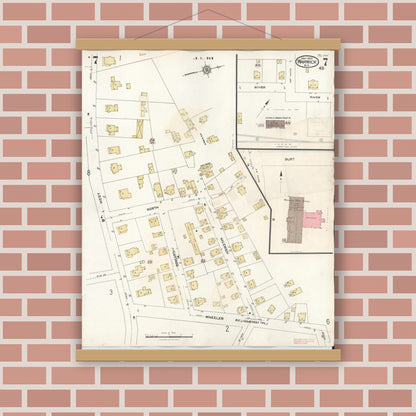 Old map wall art mockup — magnetic wood frame on brick wall — Sanborn Fire Insurance Map from Warwick, Orange County, New York (1940), Sheet #0007