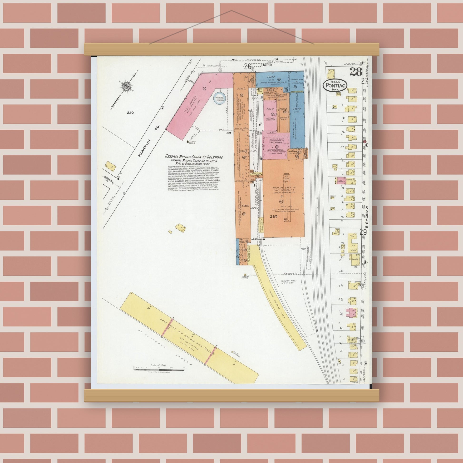 Old map wall art mockup — magnetic wood frame on brick wall — Sanborn Fire Insurance Map from Pontiac, Oakland County, Michigan (1919), Sheet #0028
