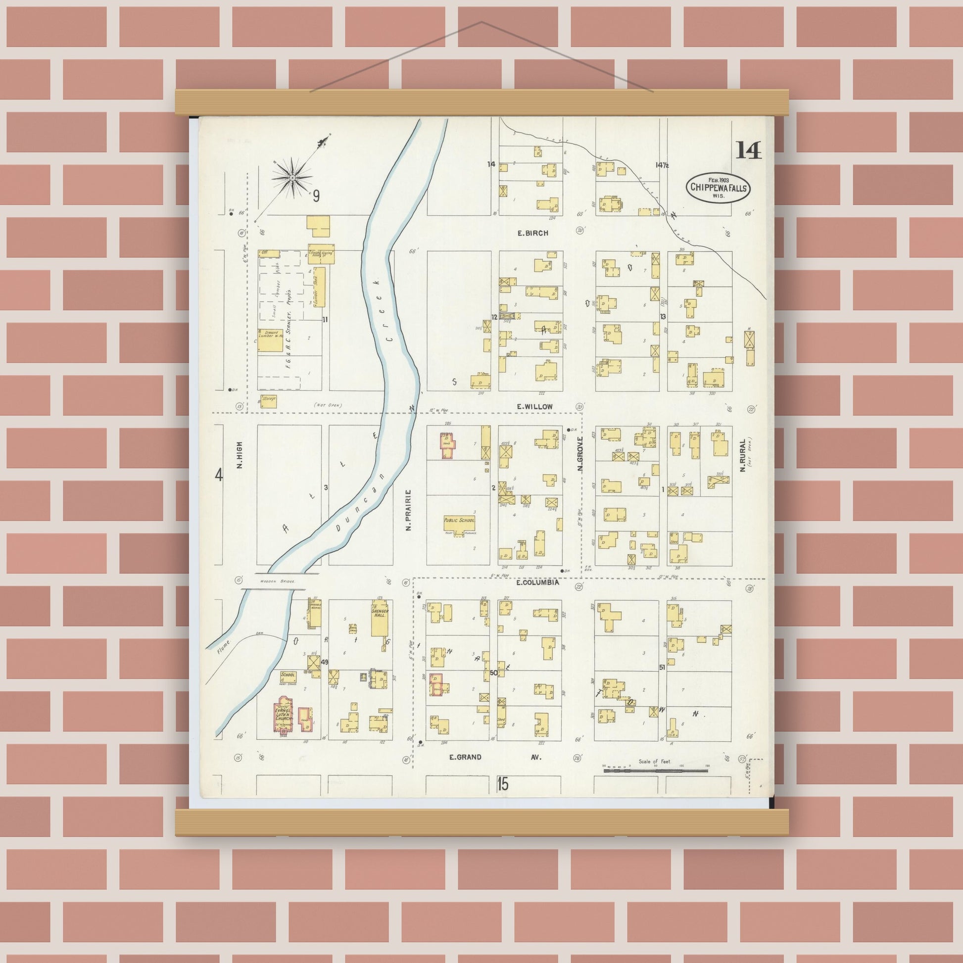 Old map wall art mockup — magnetic wood frame on brick wall — Sanborn Fire Insurance Map from Chippewa Falls, Chippewa County, Wisconsin (1903), Sheet #0014