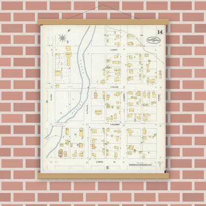 Old map wall art mockup — magnetic wood frame on brick wall — Sanborn Fire Insurance Map from Chippewa Falls, Chippewa County, Wisconsin (1903), Sheet #0014