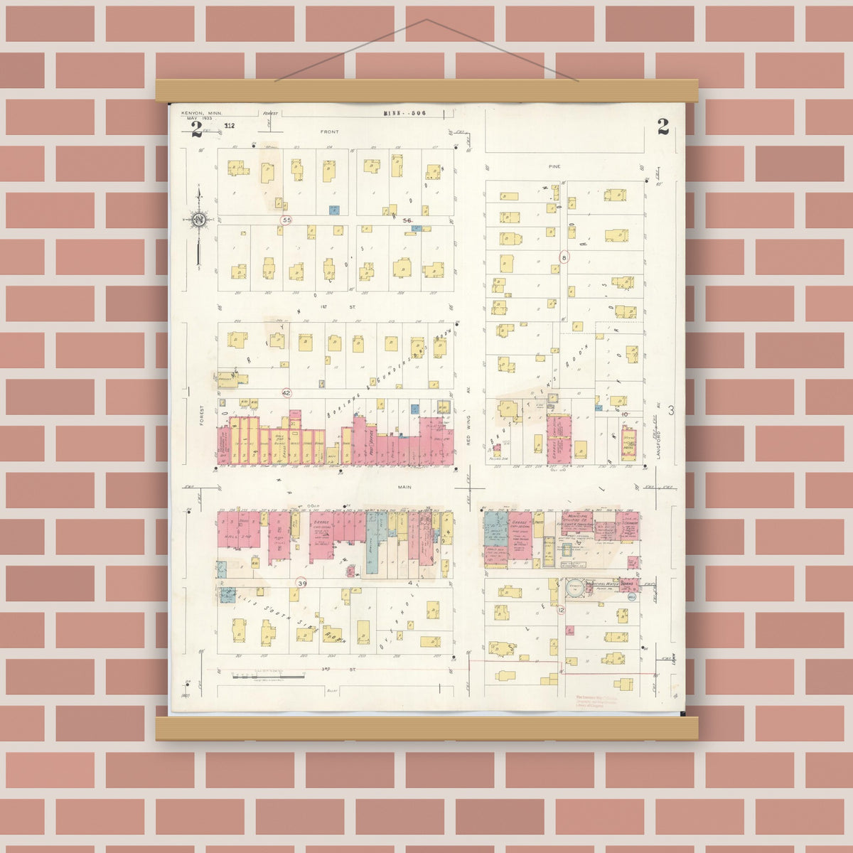 Old map wall art mockup — magnetic wood frame on brick wall — Sanborn Fire Insurance Map from Kenyon, Goodhue County, Minnesota (1944), Sheet #0002
