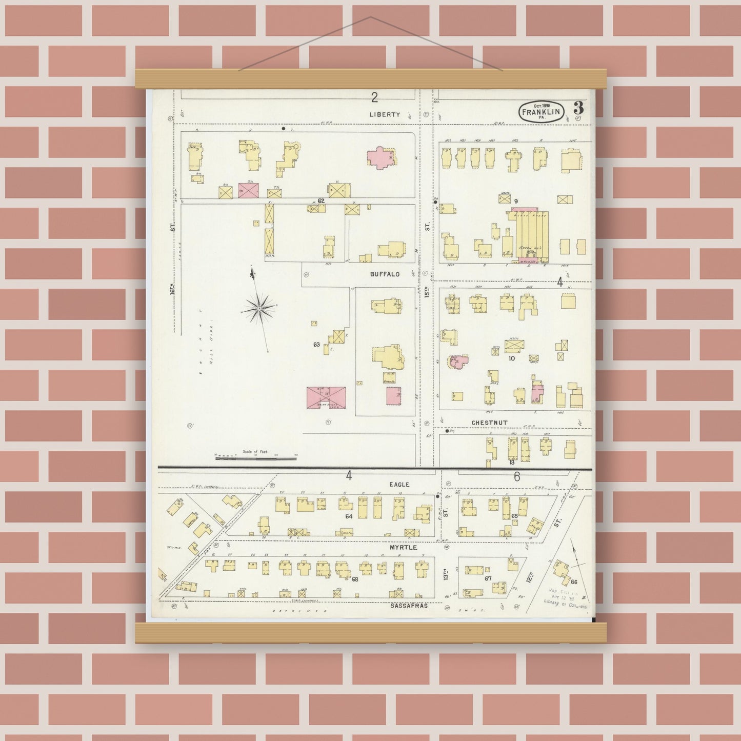 Old map wall art mockup — magnetic wood frame on brick wall — Sanborn Fire Insurance Map from Franklin, Venango County, Pennsylvania (1896), Sheet #0003