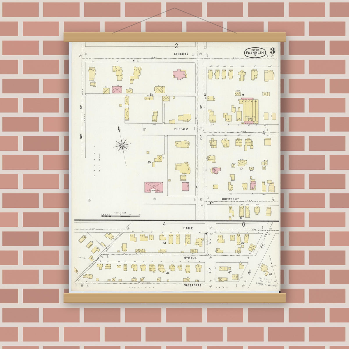 Old map wall art mockup — magnetic wood frame on brick wall — Sanborn Fire Insurance Map from Franklin, Venango County, Pennsylvania (1896), Sheet #0003