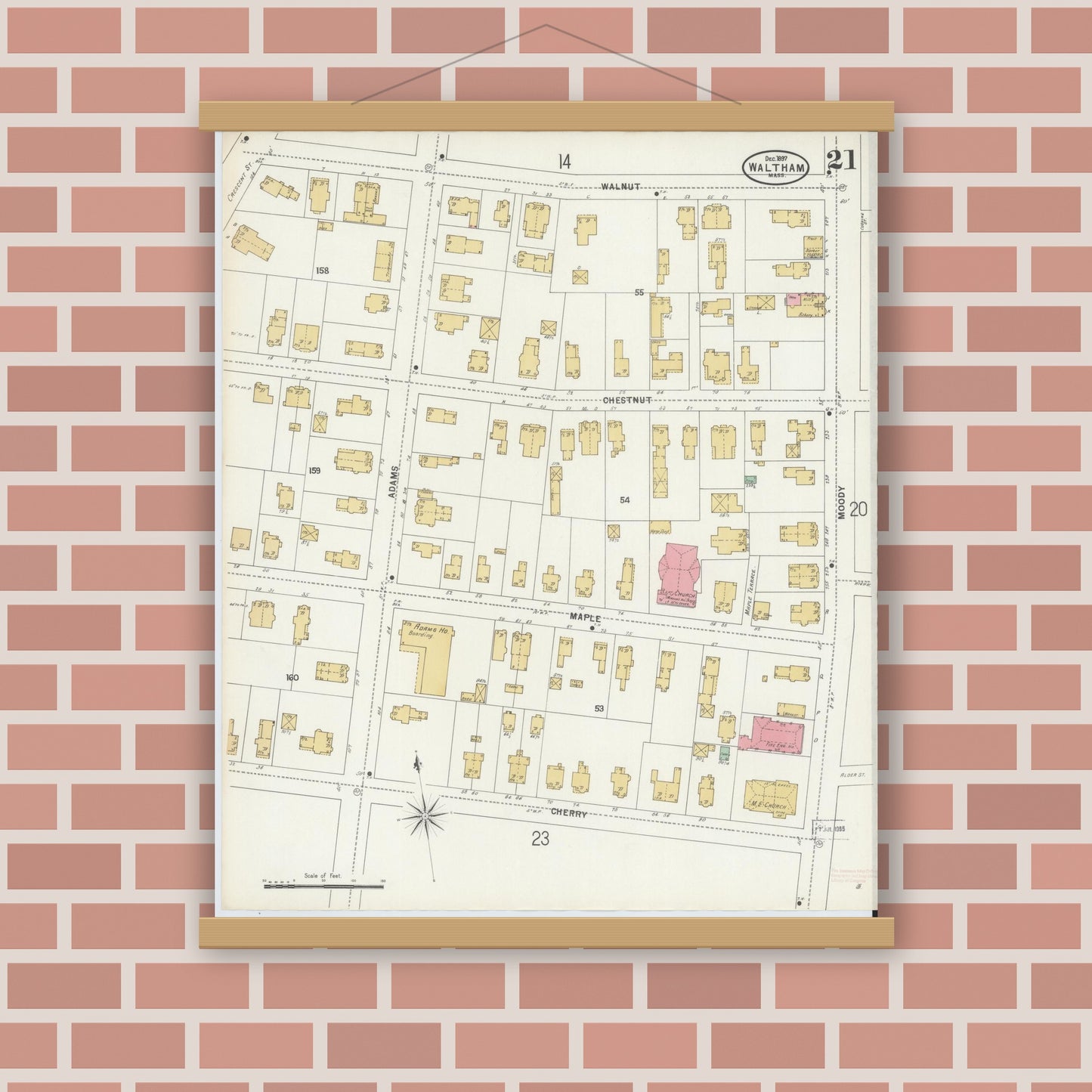 Old map wall art mockup — magnetic wood frame on brick wall — Sanborn Fire Insurance Map from Waltham, Middlesex County, Massachusetts (1897), Sheet #0021