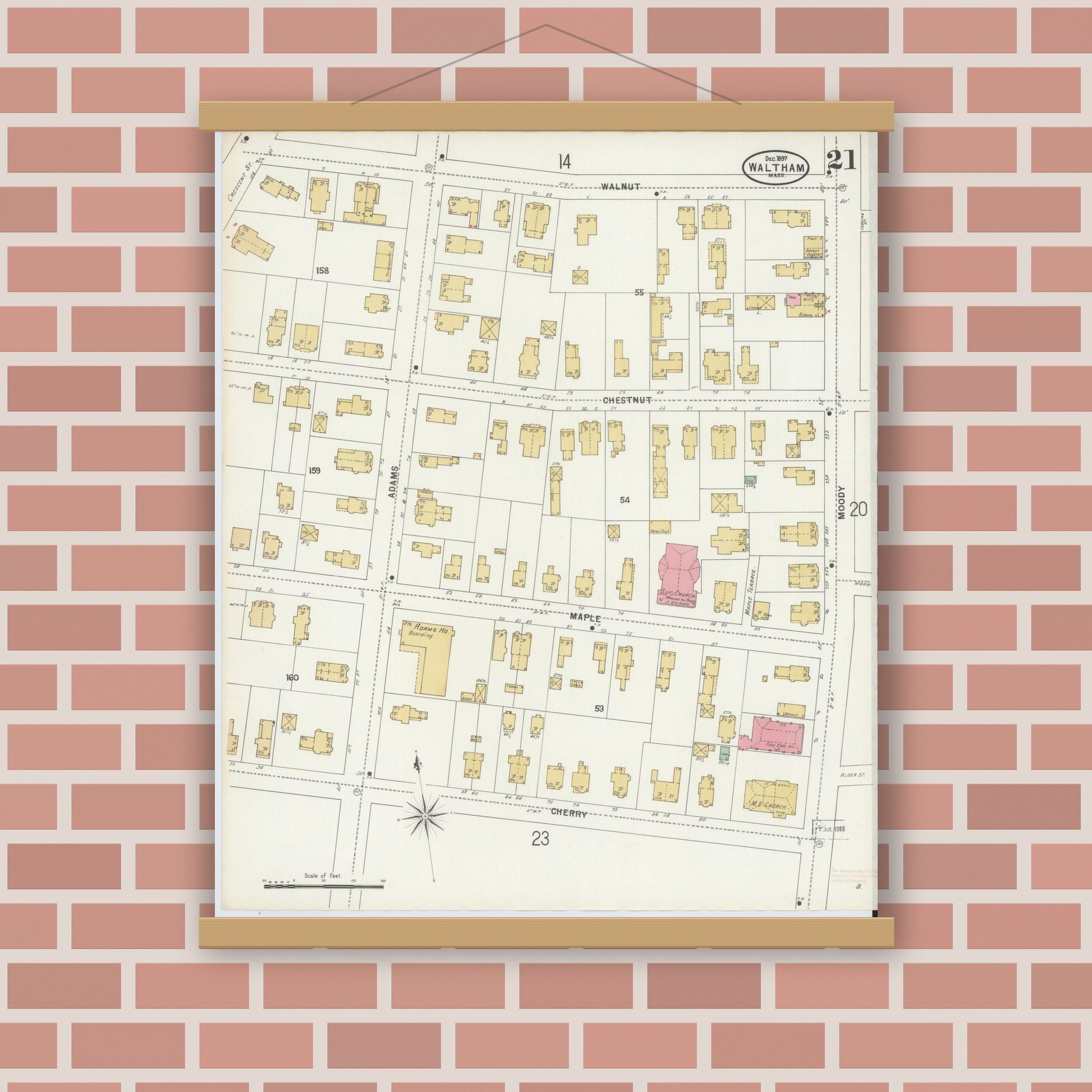 Old map wall art mockup — magnetic wood frame on brick wall — Sanborn Fire Insurance Map from Waltham, Middlesex County, Massachusetts (1897), Sheet #0021