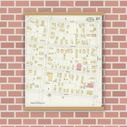 Old map wall art mockup — magnetic wood frame on brick wall — Sanborn Fire Insurance Map from Waltham, Middlesex County, Massachusetts (1897), Sheet #0021