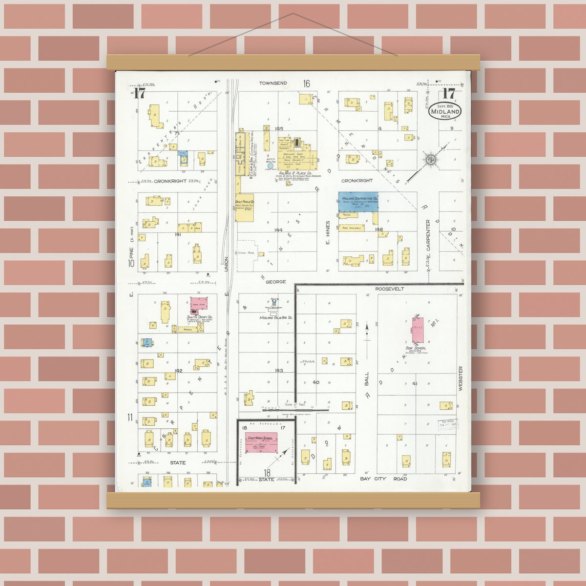 Old map wall art mockup — magnetic wood frame on brick wall — Sanborn Fire Insurance Map from Midland, Midland County, Michigan (1926), Sheet #0017