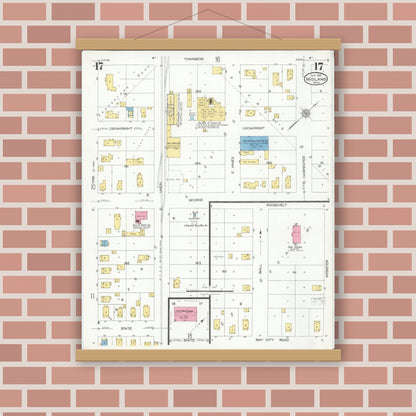 Old map wall art mockup — magnetic wood frame on brick wall — Sanborn Fire Insurance Map from Midland, Midland County, Michigan (1926), Sheet #0017