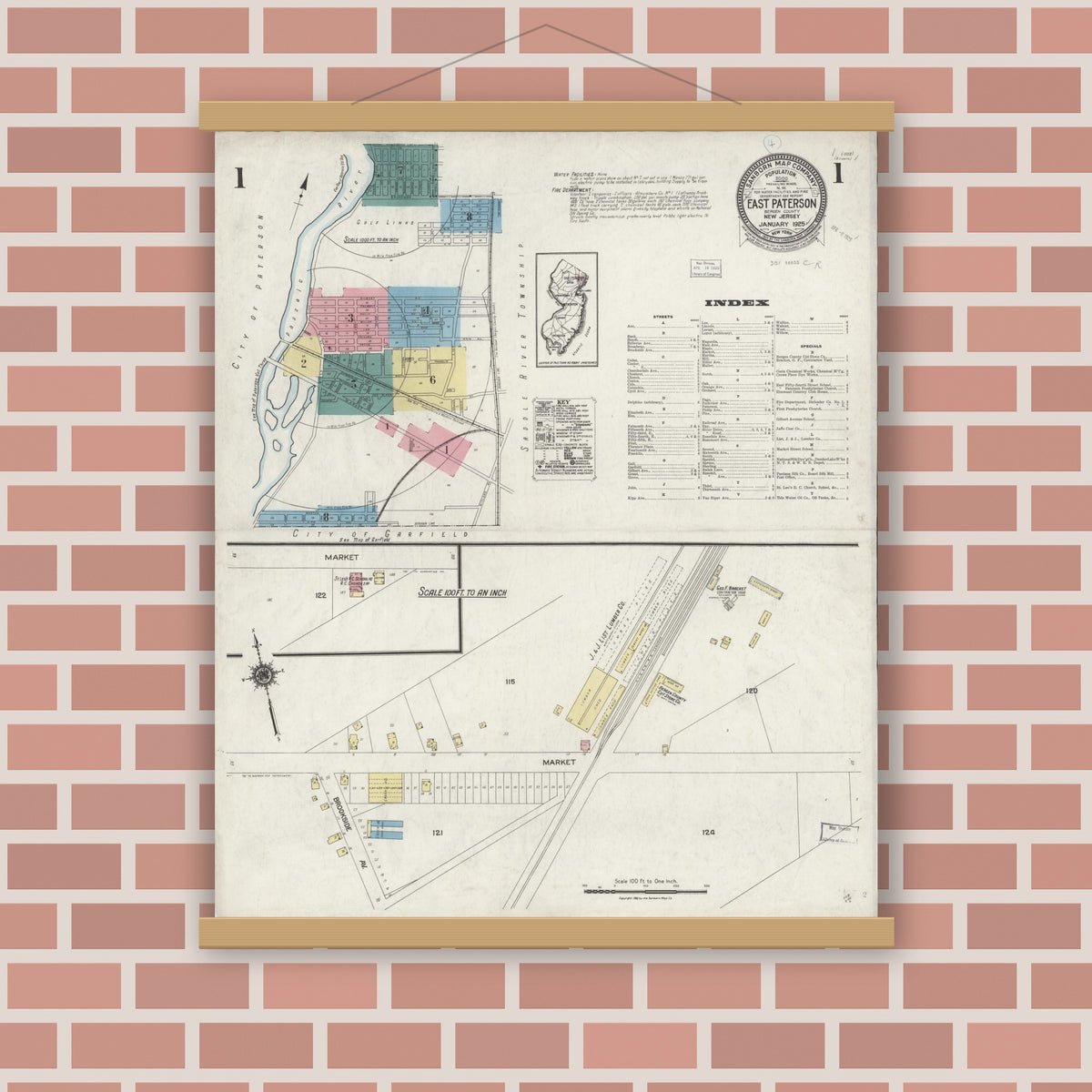 Old map wall art mockup — magnetic wood frame on brick wall — Sanborn Fire Insurance Map from East Paterson, Bergen County, New Jersey (1925) - Complete Map Set