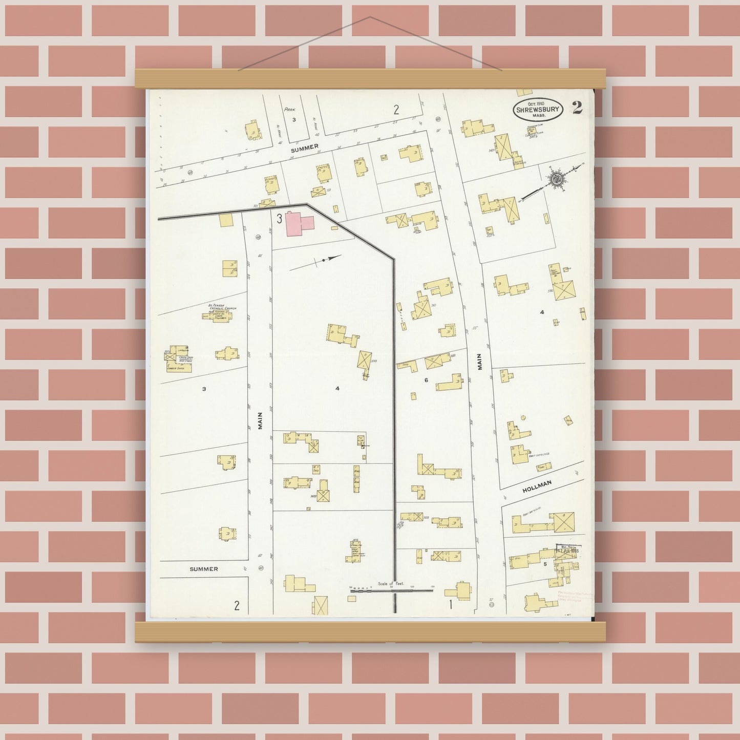 Old map wall art mockup — magnetic wood frame on brick wall — Sanborn Fire Insurance Map from Shrewsbury, Worcester County, Massachusetts (1910), Sheet #0002