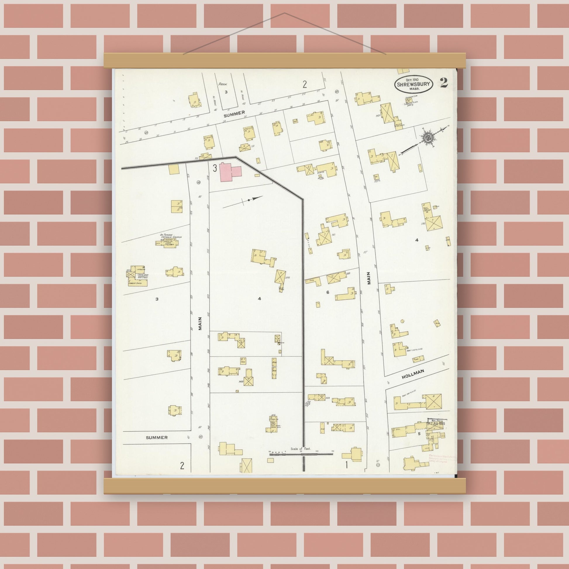 Old map wall art mockup — magnetic wood frame on brick wall — Sanborn Fire Insurance Map from Shrewsbury, Worcester County, Massachusetts (1910), Sheet #0002