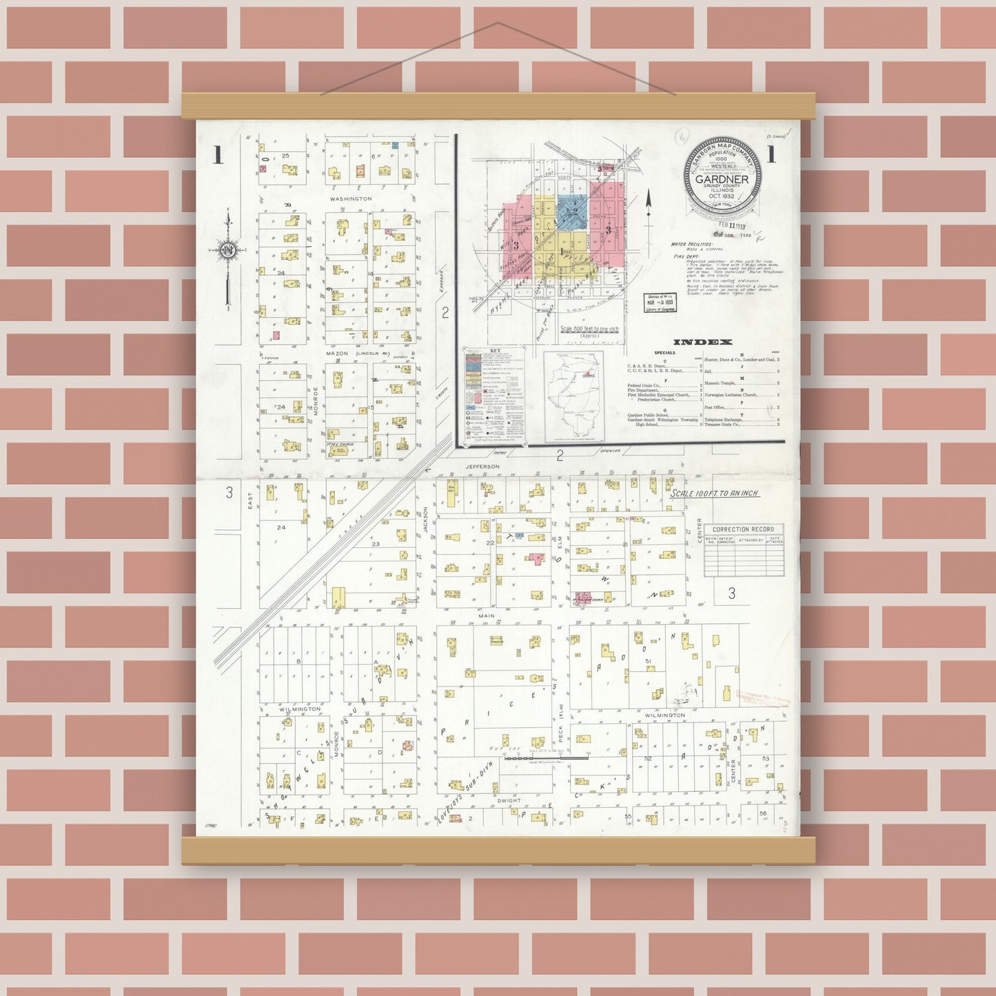 Old map wall art mockup — magnetic wood frame on brick wall — Sanborn Fire Insurance Map from Gardner, Grundy County, Illinois (1932), Sheet #0001