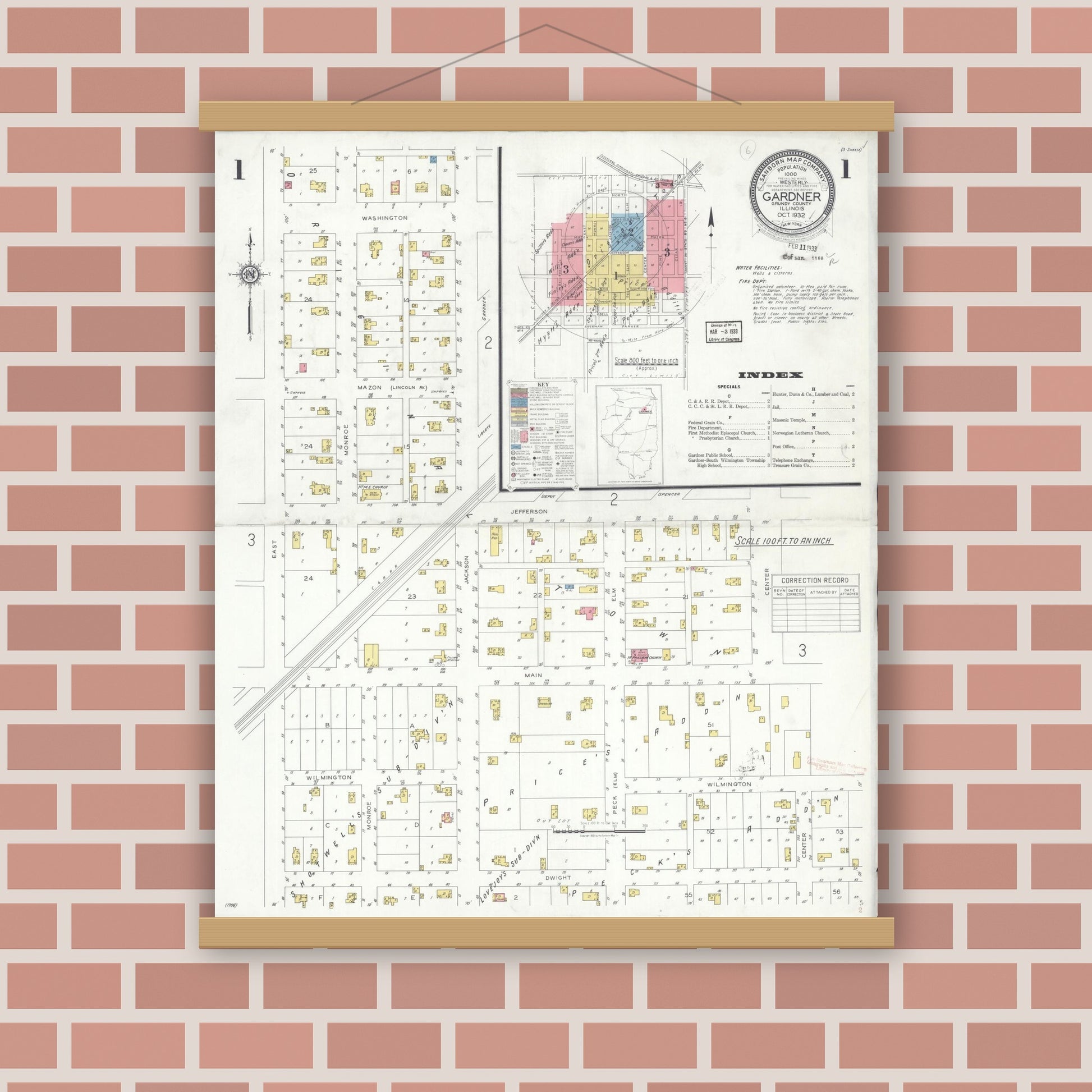 Old map wall art mockup — magnetic wood frame on brick wall — Sanborn Fire Insurance Map from Gardner, Grundy County, Illinois (1932), Sheet #0001