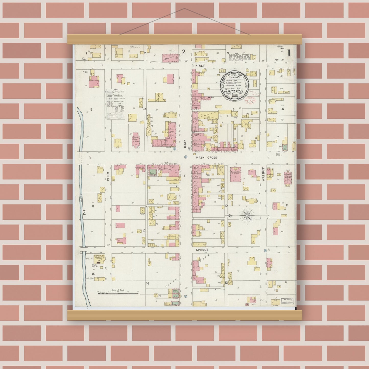 Old map wall art mockup — magnetic wood frame on brick wall — Sanborn Fire Insurance Map from Centerville, Wayne County, Indiana (1896), Sheet #0001