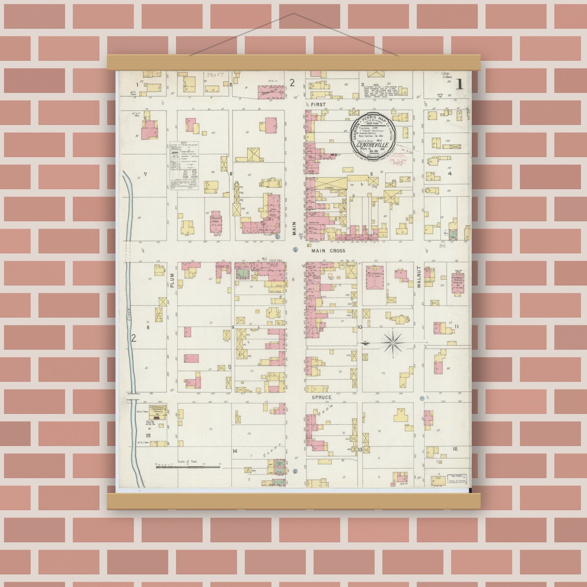 Old map wall art mockup — magnetic wood frame on brick wall — Sanborn Fire Insurance Map from Centerville, Wayne County, Indiana (1896), Sheet #0001
