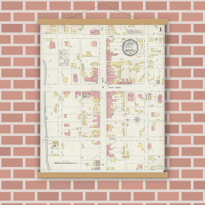 Old map wall art mockup — magnetic wood frame on brick wall — Sanborn Fire Insurance Map from Centerville, Wayne County, Indiana (1896), Sheet #0001