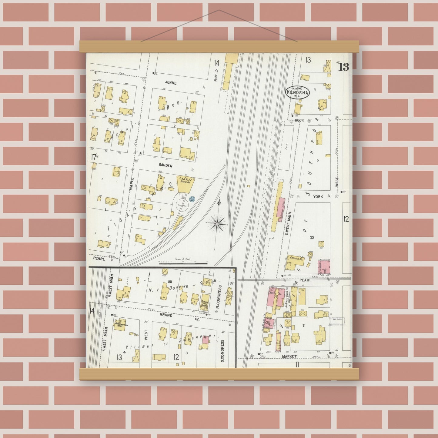 Old map wall art mockup — magnetic wood frame on brick wall — Sanborn Fire Insurance Map from Kenosha, Kenosha County, Wisconsin (1900), Sheet #0013