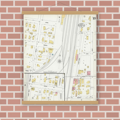 Old map wall art mockup — magnetic wood frame on brick wall — Sanborn Fire Insurance Map from Kenosha, Kenosha County, Wisconsin (1900), Sheet #0013