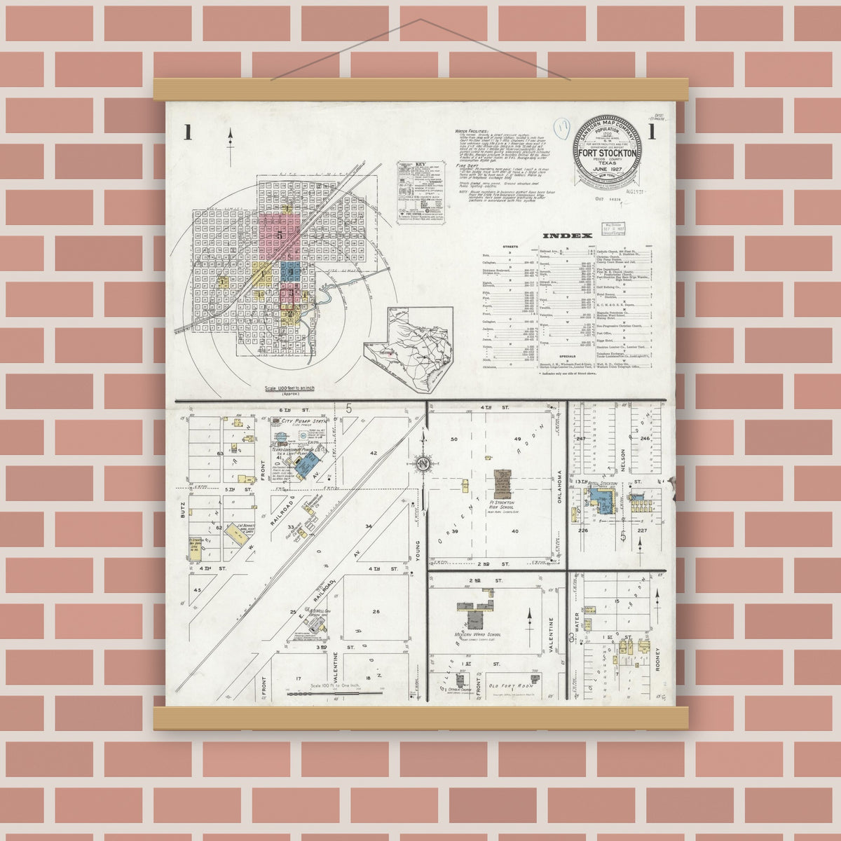 Old map wall art mockup — magnetic wood frame on brick wall — Sanborn Fire Insurance Map from Fort Stockton, Pecos County, Texas (1927) - Complete Map Set