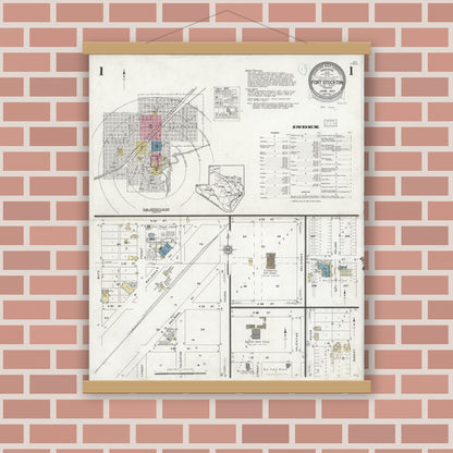 Old map wall art mockup — magnetic wood frame on brick wall — Sanborn Fire Insurance Map from Fort Stockton, Pecos County, Texas (1927) - Complete Map Set