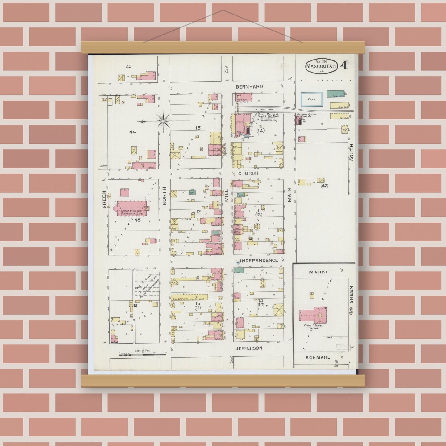 Old map wall art mockup — magnetic wood frame on brick wall — Sanborn Fire Insurance Map from Mascoutah, Saint Clair County, Illinois (1894), Sheet #0004