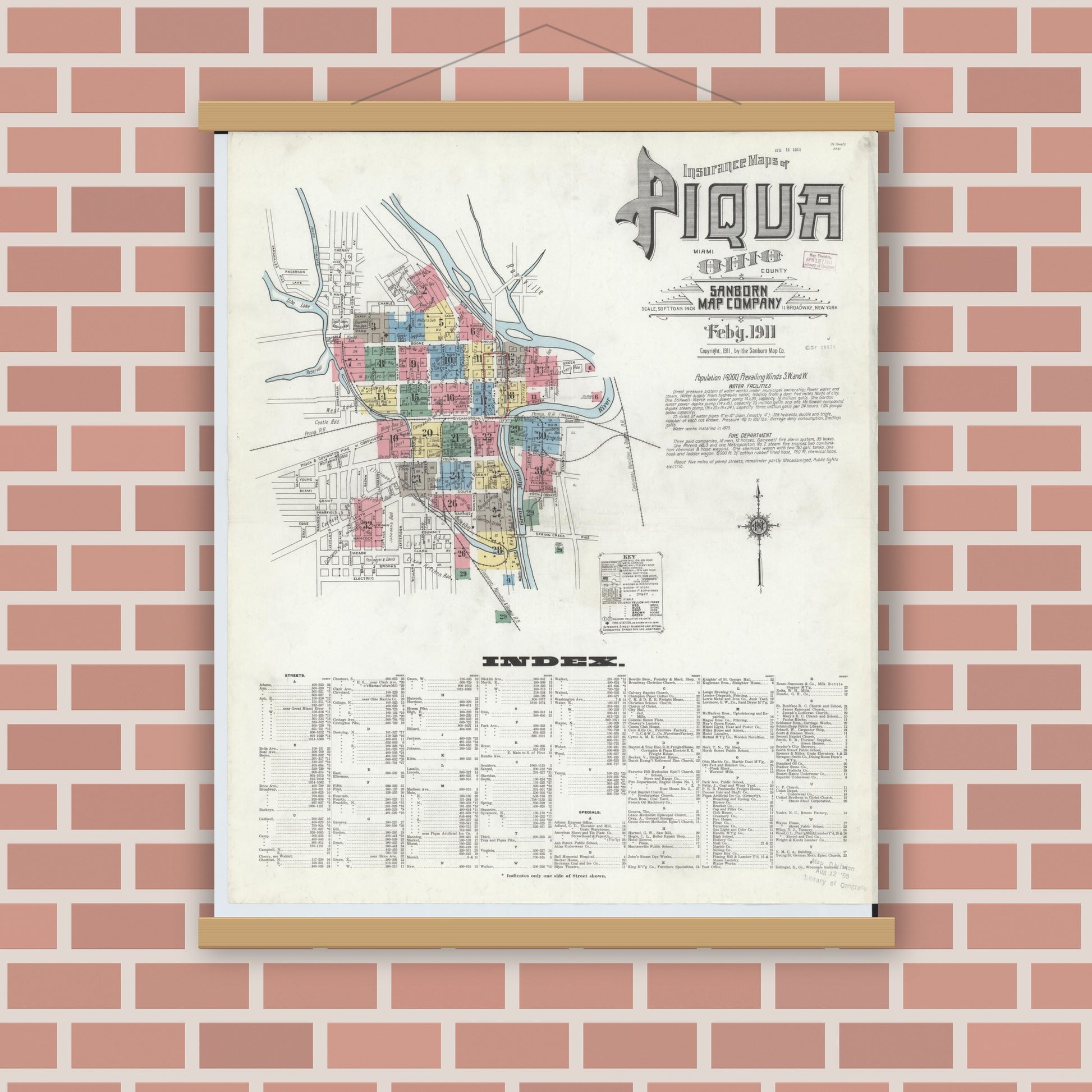 Old map wall art mockup — magnetic wood frame on brick wall — Sanborn Fire Insurance Map from Piqua, Miami County, Ohio (1911), Sheet #0001