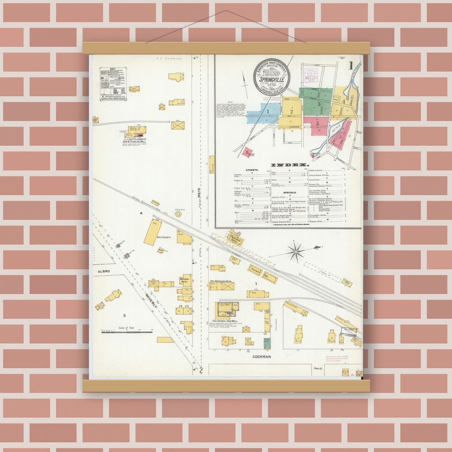 Old map wall art mockup — magnetic wood frame on brick wall — Sanborn Fire Insurance Map from Springville, Erie County, New York (1904), Sheet #0001