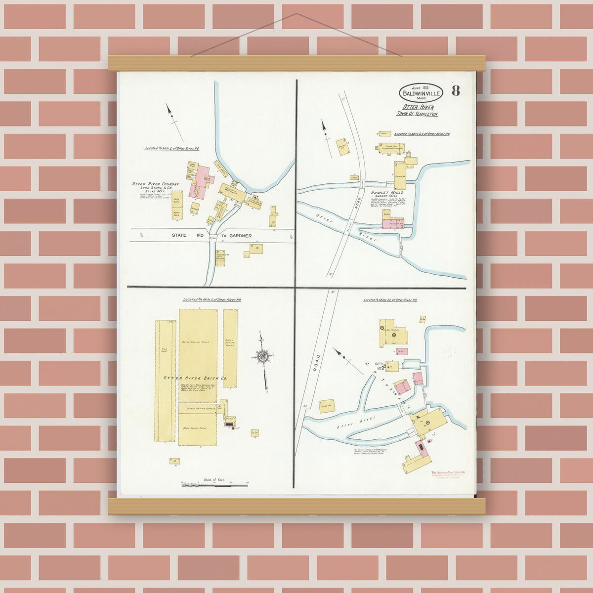 Old map wall art mockup — magnetic wood frame on brick wall — Sanborn Fire Insurance Map from Baldwinville, Worcester County, Massachusetts (1912), Sheet #0008
