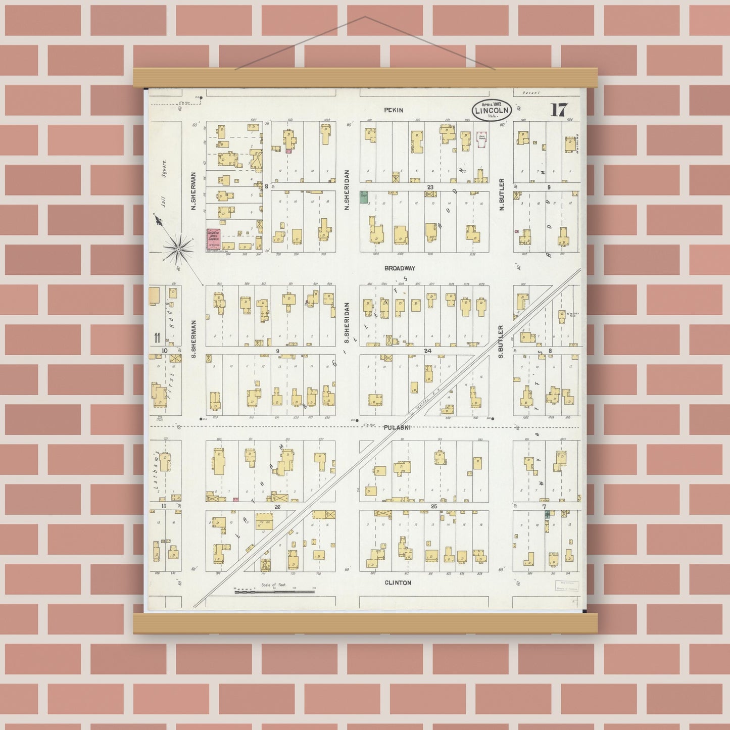Old map wall art mockup — magnetic wood frame on brick wall — Sanborn Fire Insurance Map from Lincoln, Logan County, Illinois (1902), Sheet #0017