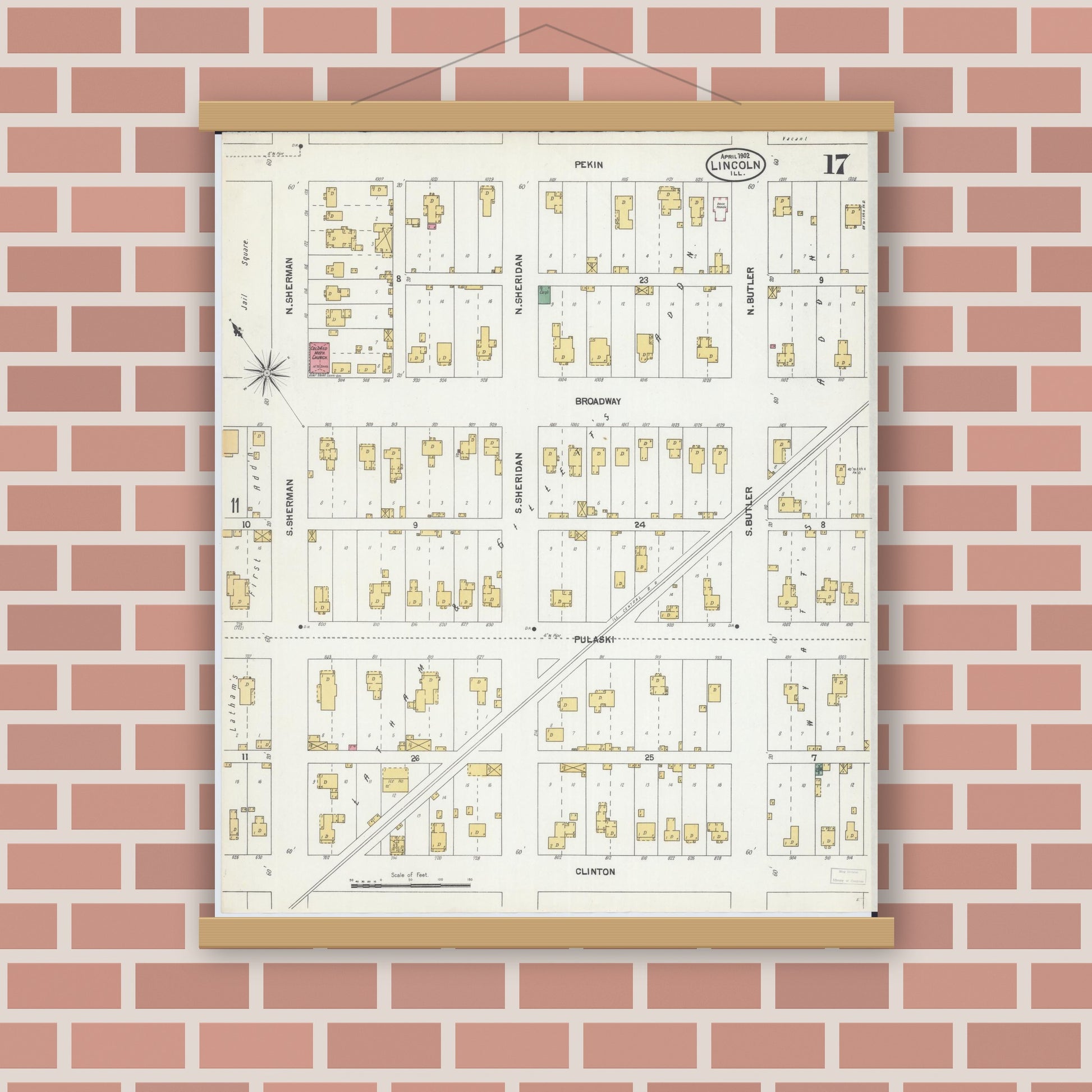 Old map wall art mockup — magnetic wood frame on brick wall — Sanborn Fire Insurance Map from Lincoln, Logan County, Illinois (1902), Sheet #0017
