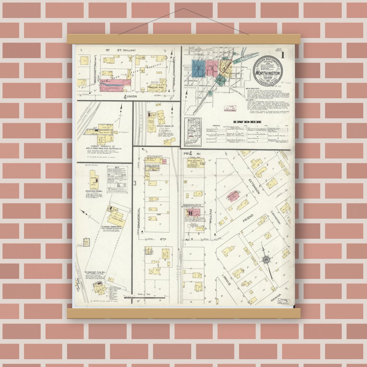 Old map wall art mockup — magnetic wood frame on brick wall — Sanborn Fire Insurance Map from Worthington, Greene County, Indiana (1913) - Complete Map Set
