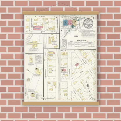 Old map wall art mockup — magnetic wood frame on brick wall — Sanborn Fire Insurance Map from Worthington, Greene County, Indiana (1913) - Complete Map Set