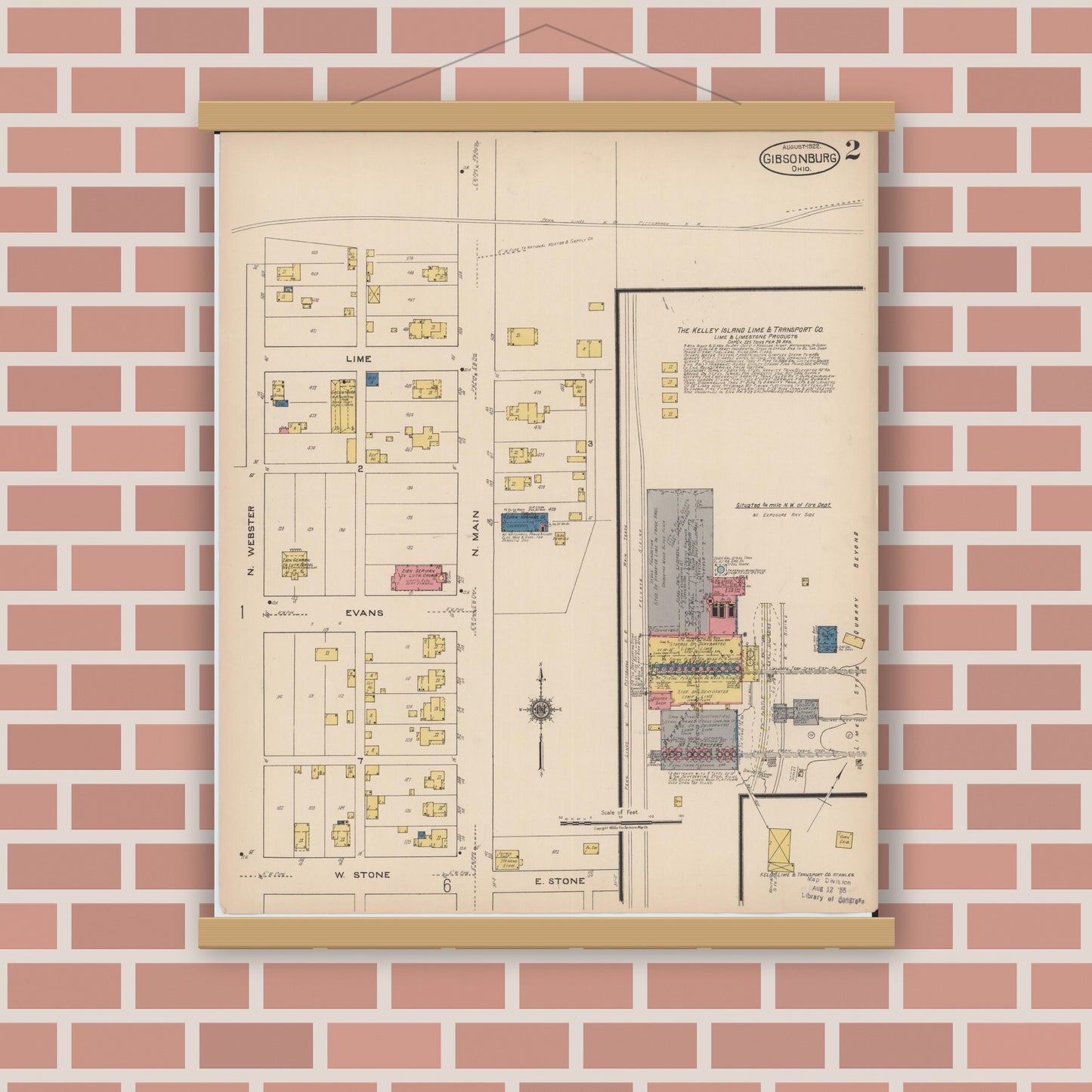 Old map wall art mockup — magnetic wood frame on brick wall — Sanborn Fire Insurance Map from Gibsonburg, Sandusky County, Ohio (1922), Sheet #0002
