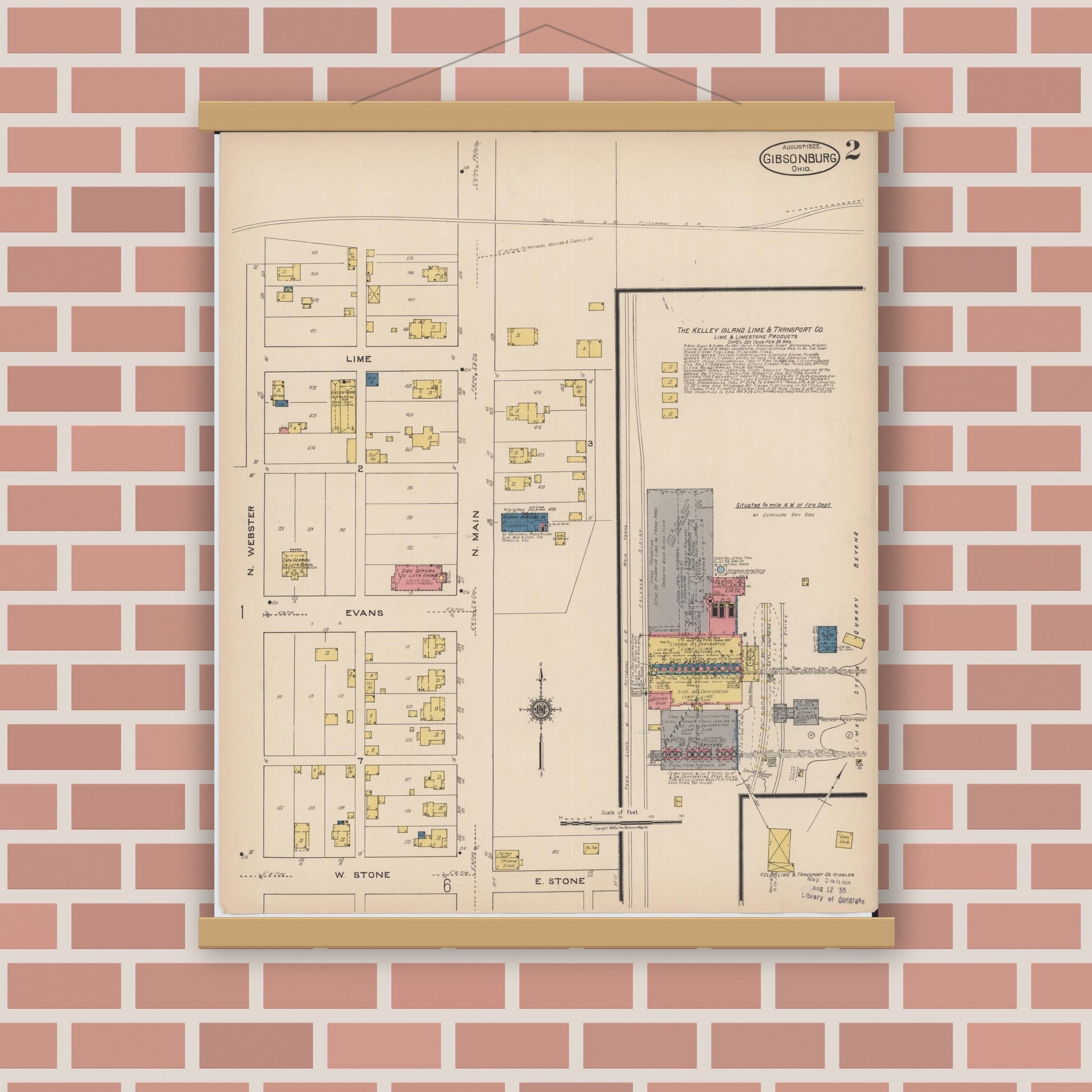 Old map wall art mockup — magnetic wood frame on brick wall — Sanborn Fire Insurance Map from Gibsonburg, Sandusky County, Ohio (1922), Sheet #0002
