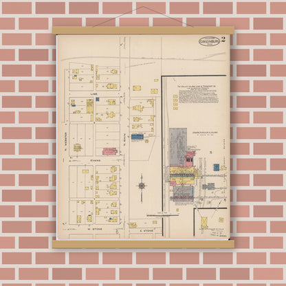 Old map wall art mockup — magnetic wood frame on brick wall — Sanborn Fire Insurance Map from Gibsonburg, Sandusky County, Ohio (1922), Sheet #0002