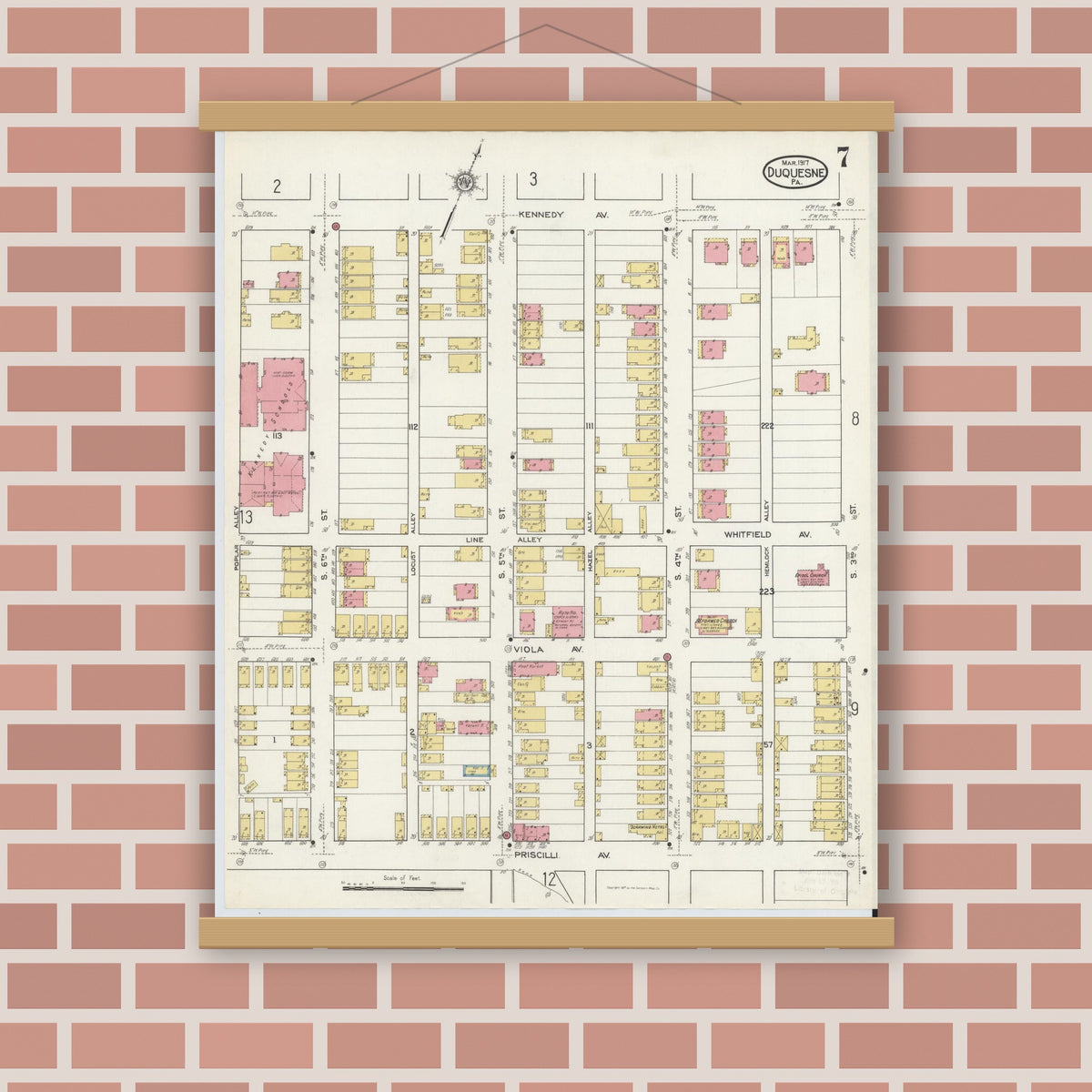 Old map wall art mockup — magnetic wood frame on brick wall — Sanborn Fire Insurance Map from Duquesne, Allegheny County, Pennsylvania (1917), Sheet #0007