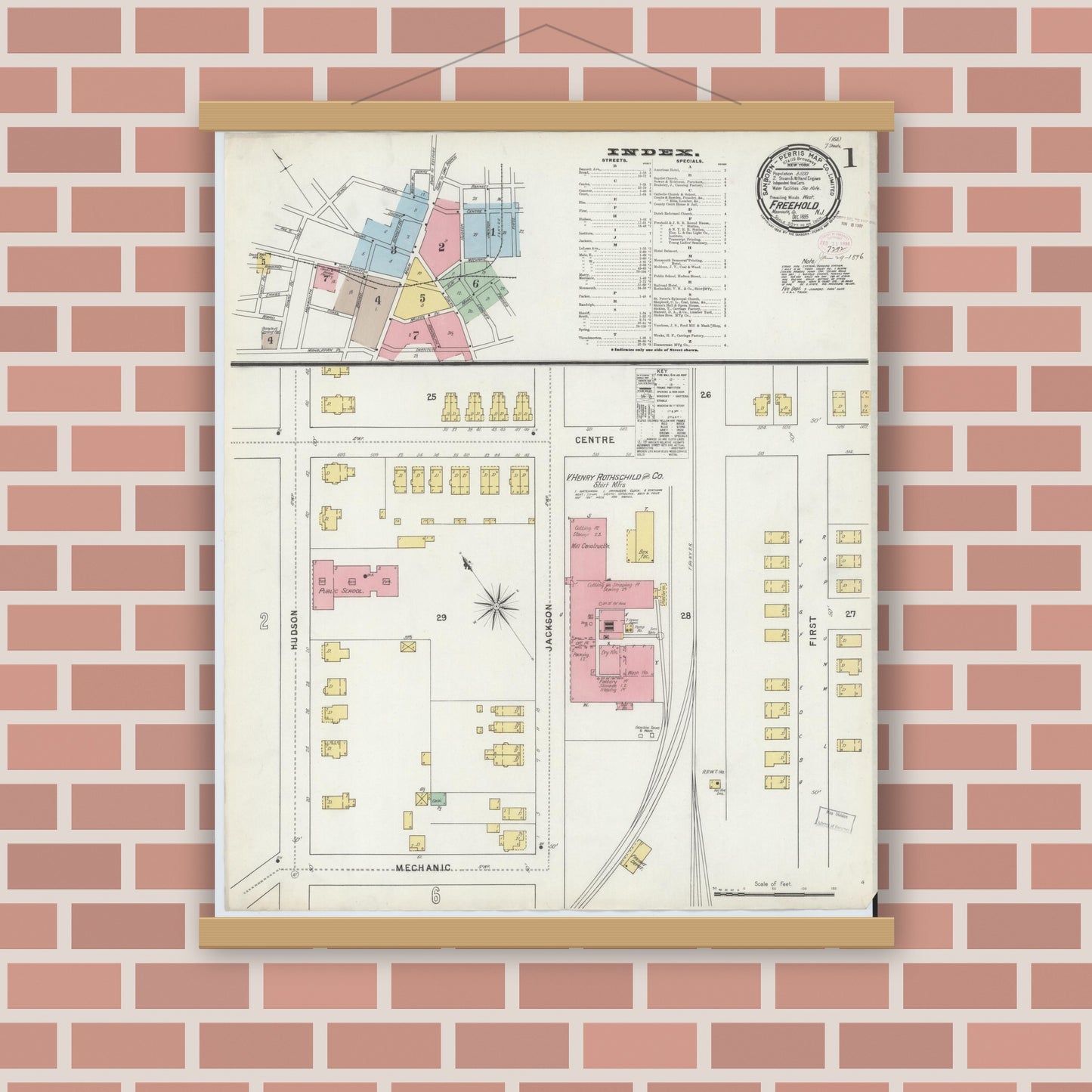 Old map wall art mockup — magnetic wood frame on brick wall — Sanborn Fire Insurance Map from Freehold, Monmouth County, New Jersey (1895) - Complete Map Set