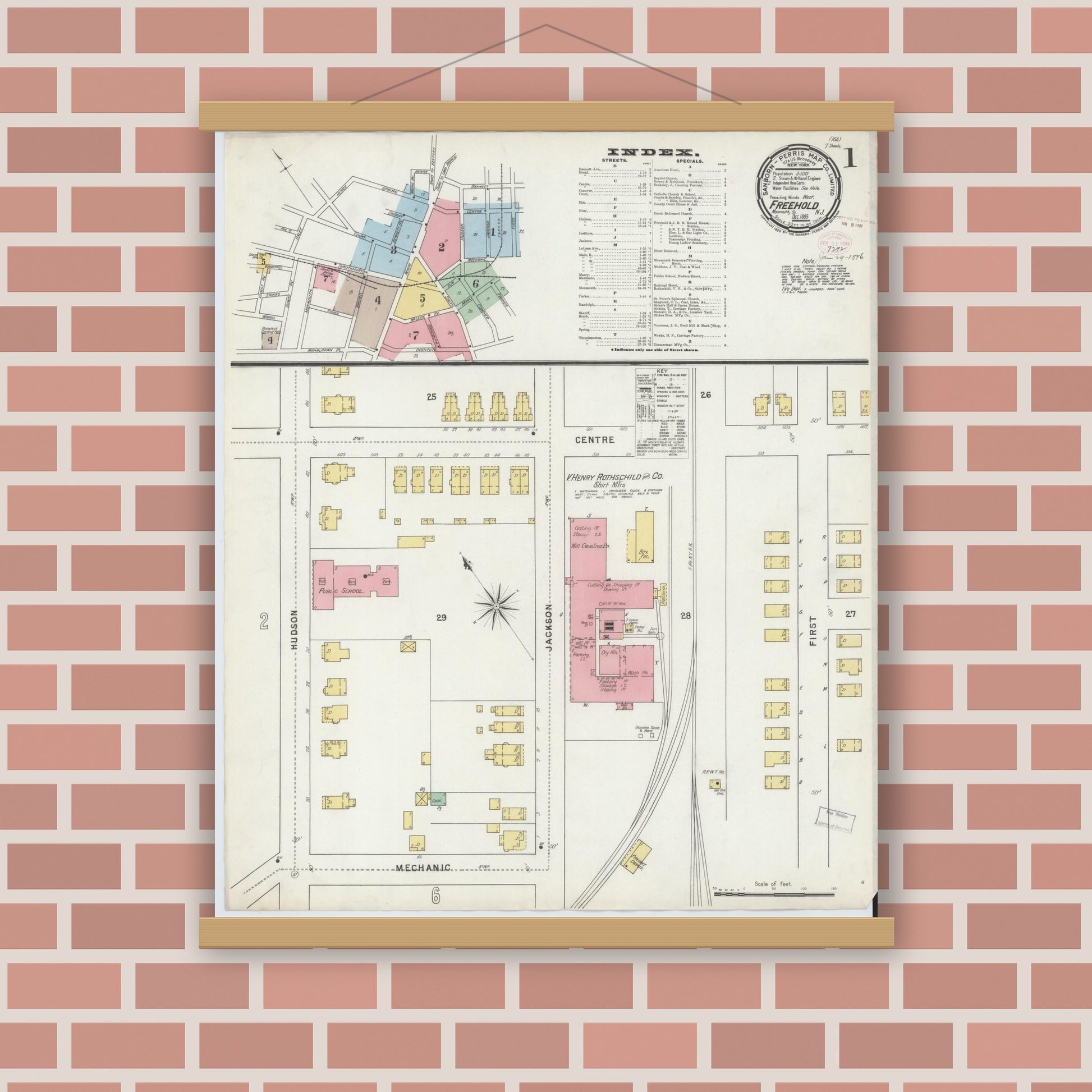 Old map wall art mockup — magnetic wood frame on brick wall — Sanborn Fire Insurance Map from Freehold, Monmouth County, New Jersey (1895) - Complete Map Set