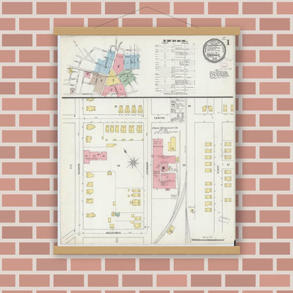Old map wall art mockup — magnetic wood frame on brick wall — Sanborn Fire Insurance Map from Freehold, Monmouth County, New Jersey (1895) - Complete Map Set