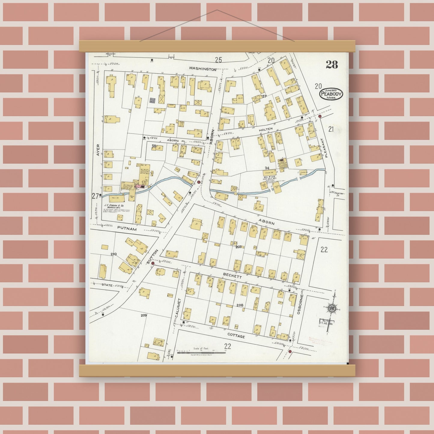 Old map wall art mockup — magnetic wood frame on brick wall — Sanborn Fire Insurance Map from Peabody, Essex County, Massachusetts (1920), Sheet #0028