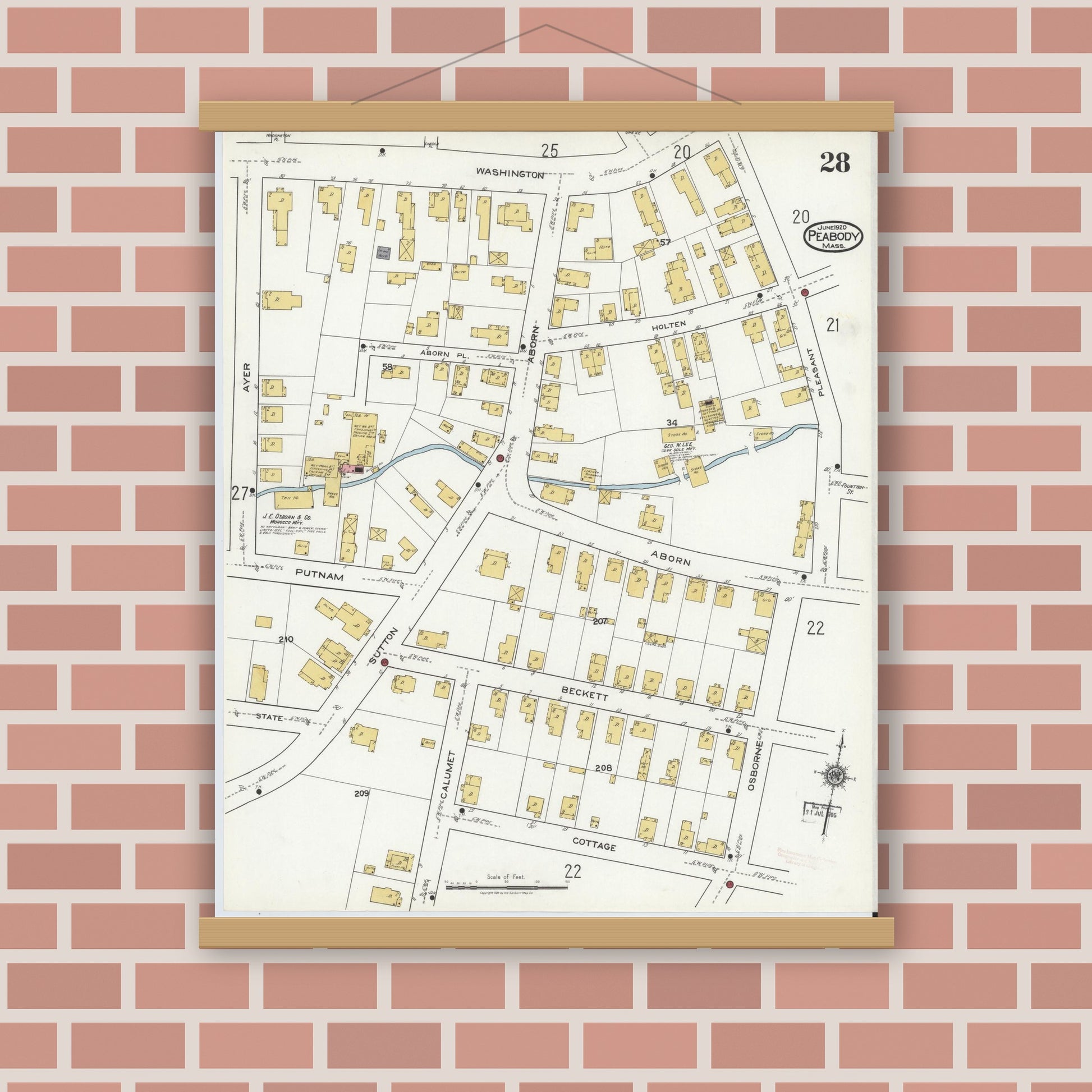 Old map wall art mockup — magnetic wood frame on brick wall — Sanborn Fire Insurance Map from Peabody, Essex County, Massachusetts (1920), Sheet #0028