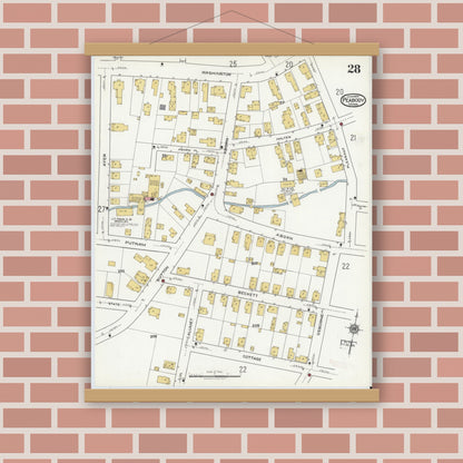 Old map wall art mockup — magnetic wood frame on brick wall — Sanborn Fire Insurance Map from Peabody, Essex County, Massachusetts (1920), Sheet #0028