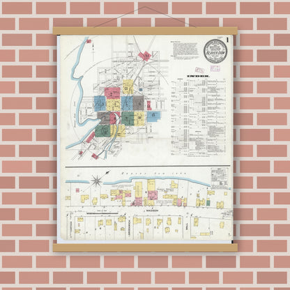 Old map wall art mockup — magnetic wood frame on brick wall — Sanborn Fire Insurance Map from Beaver Dam, Dodge County, Wisconsin (1909) - Complete Map Set