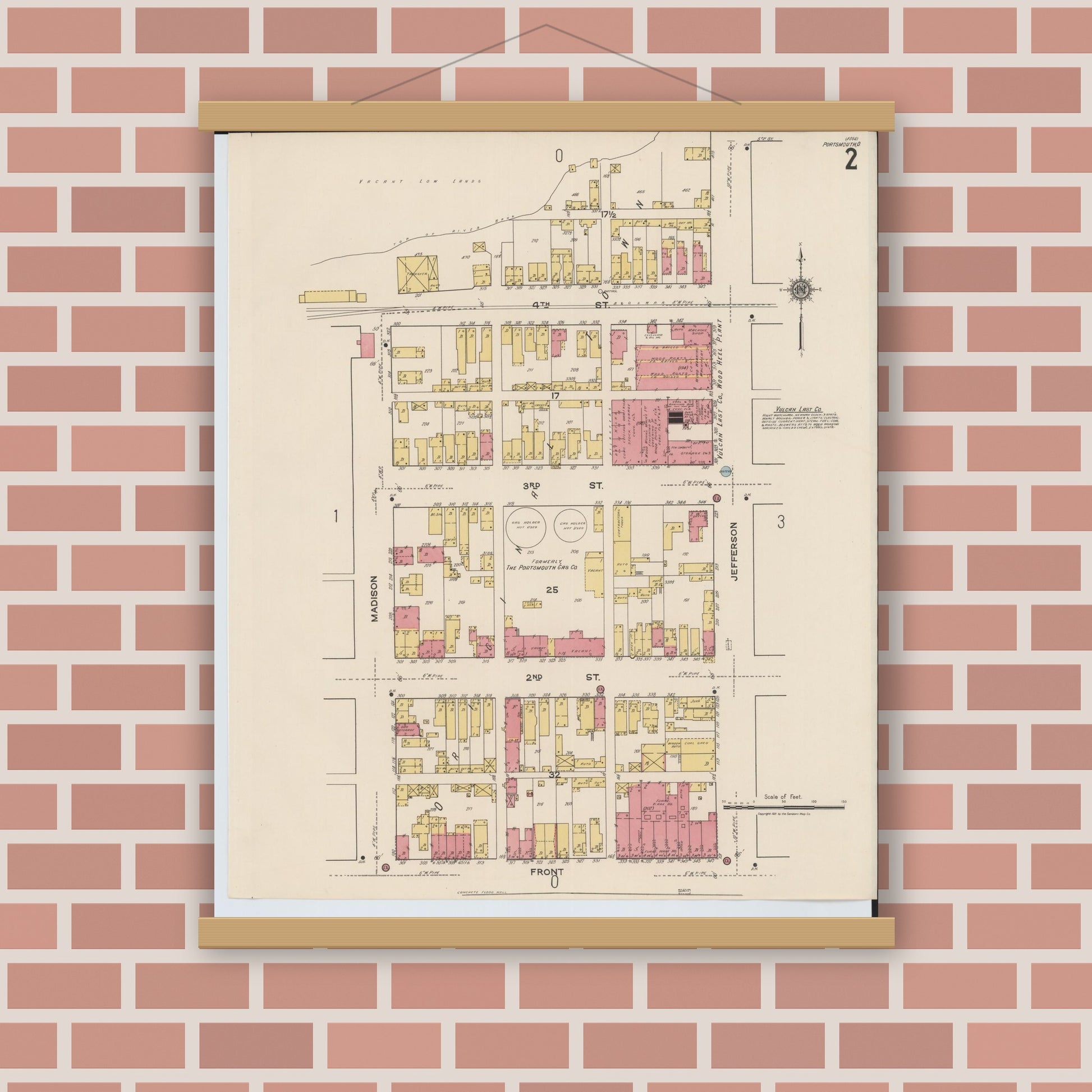 Old map wall art mockup — magnetic wood frame on brick wall — Sanborn Fire Insurance Map from Portsmouth, Scioto County, Ohio (1921), Sheet #0002