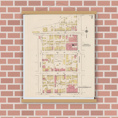 Old map wall art mockup — magnetic wood frame on brick wall — Sanborn Fire Insurance Map from Portsmouth, Scioto County, Ohio (1921), Sheet #0002