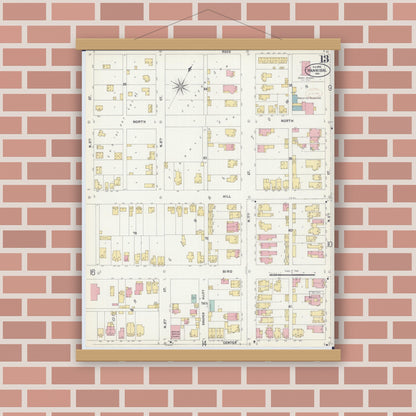 Old map wall art mockup — magnetic wood frame on brick wall — Sanborn Fire Insurance Map from Hannibal, Marion County, Missouri (1899), Sheet #0013