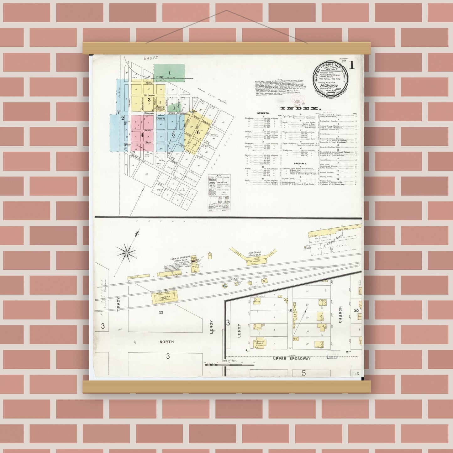 Old map wall art mockup — magnetic wood frame on brick wall — Sanborn Fire Insurance Map from Audubon, Audubon County, Iowa (1896) â€” Complete Set